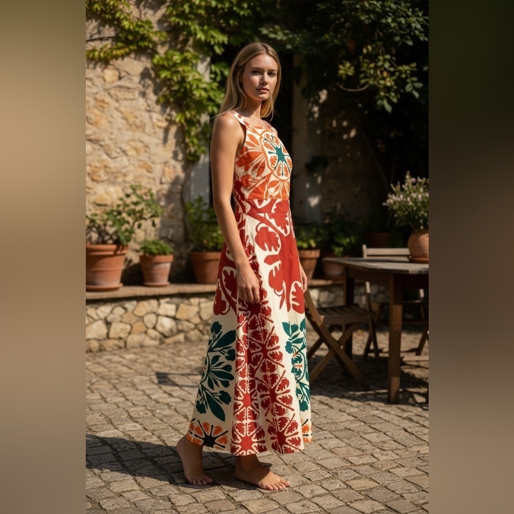 Vibrant Orange and Green Maxi Dress